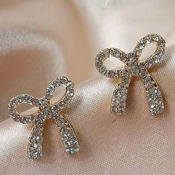New 925 Silver Gold Exquisite  Bowknot With Shiny Zircon Decor Stud Earrings - Picture 1 of 6